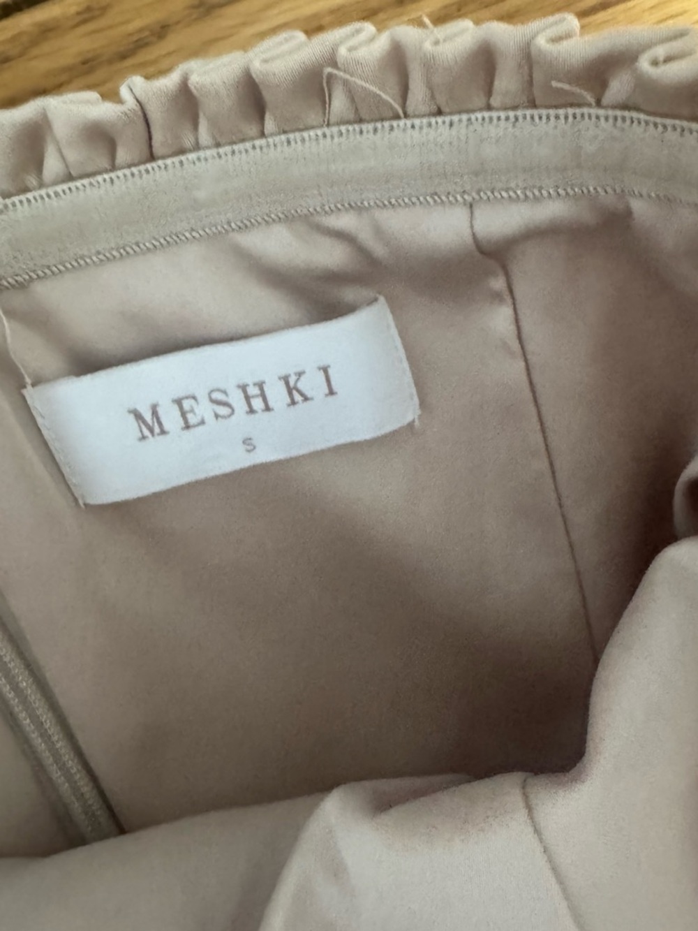 MESHKI Larissa Satin Maxi Dress With Ruched Petals - Blush Gold Size Small - Picture 3 of 6